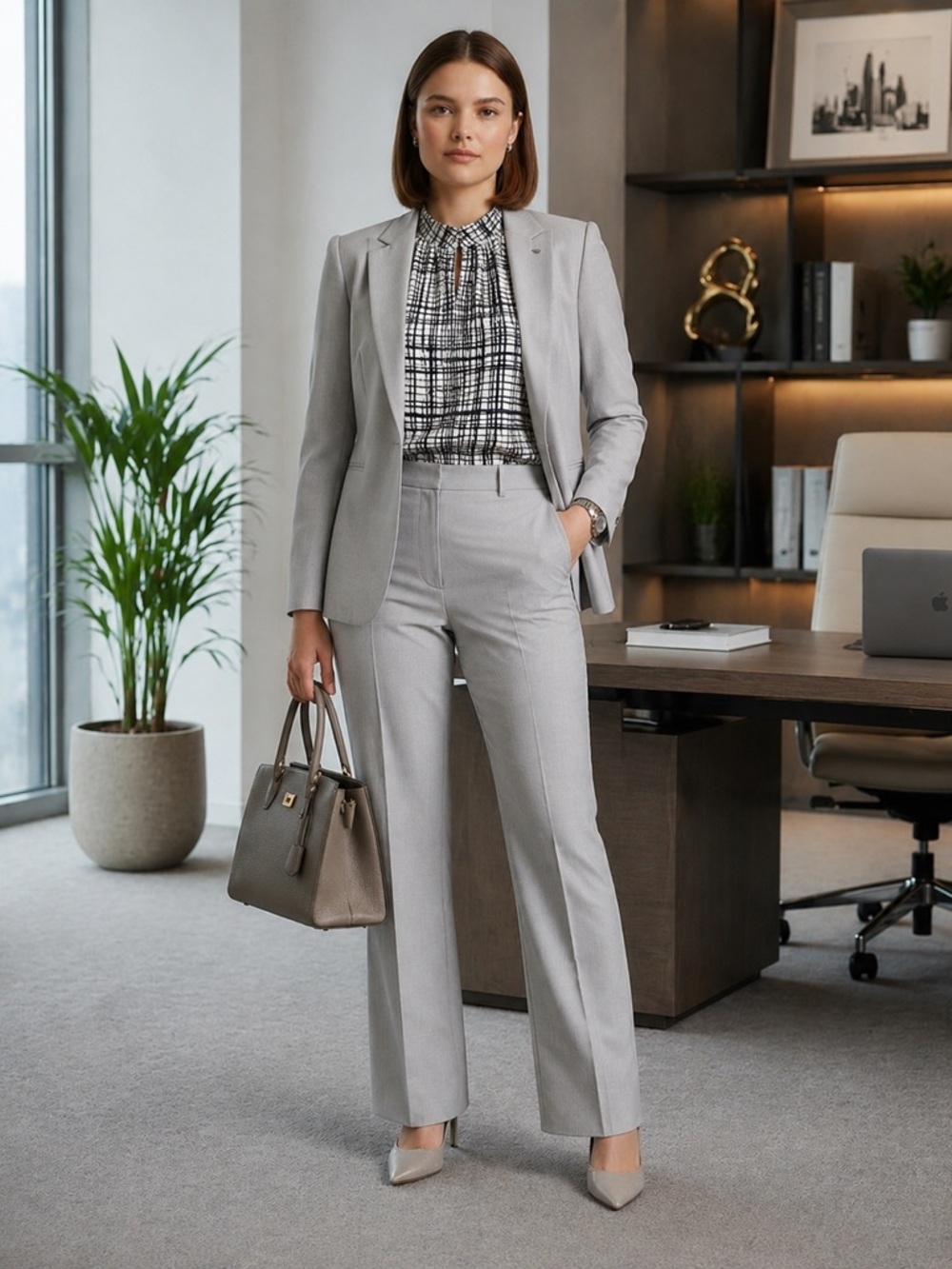 Van Heusen Women’s Grey Blazer & Pants Suit Set Office Career Two Piece